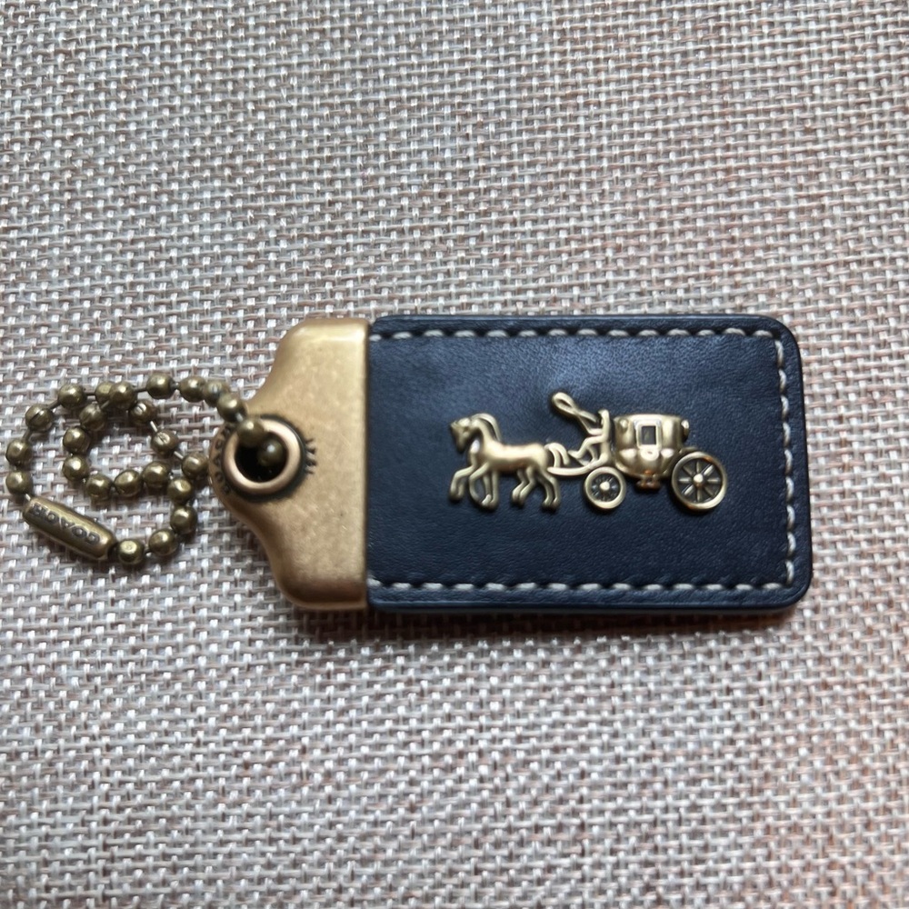 2.5" large Coach 1941 leather hangtag tag black and brass whipstitch